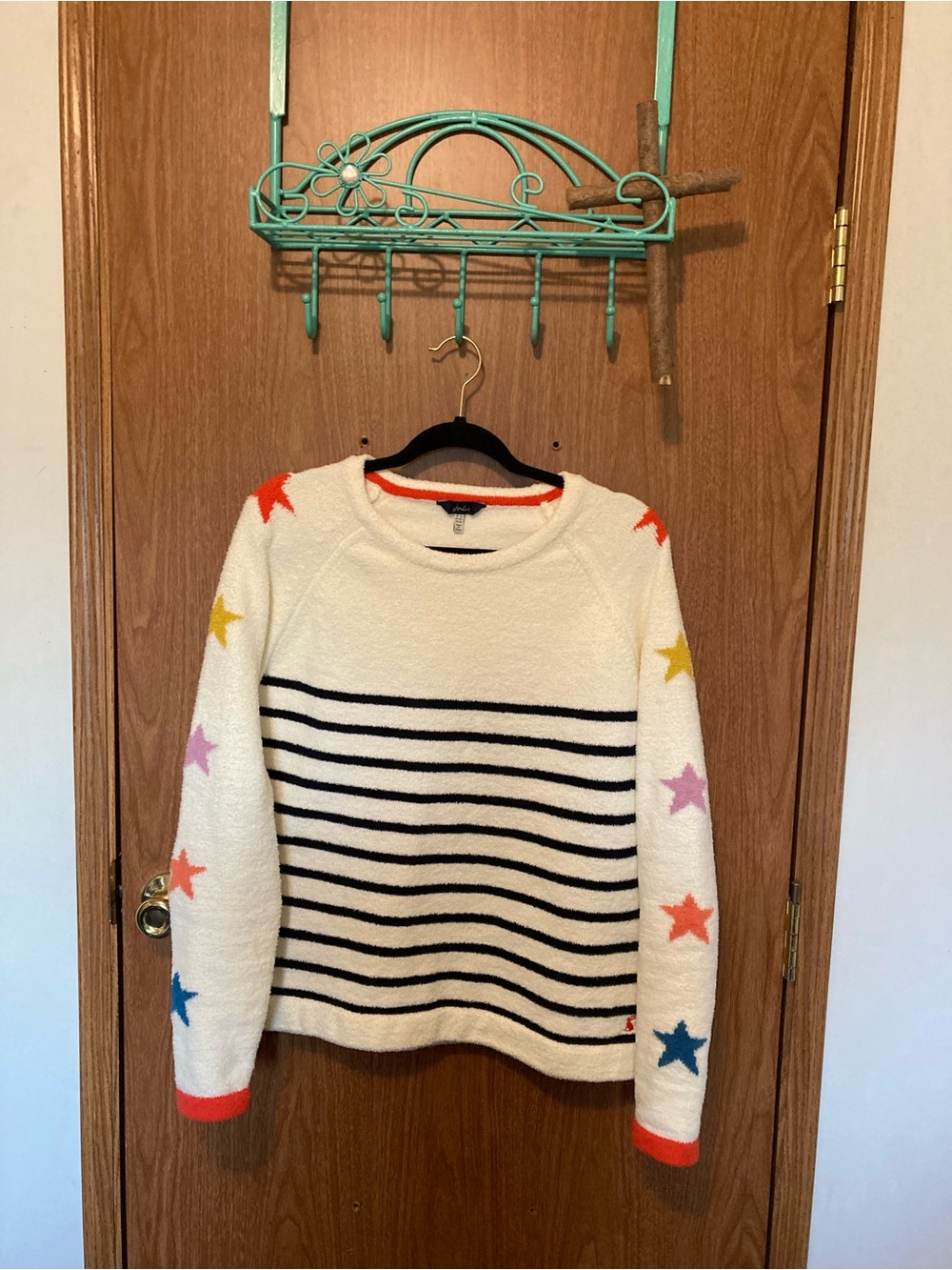 Joules Cream Crewneck Sweater with Black Stripes and Multicolor Stars